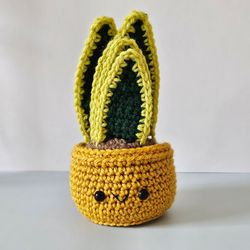 crochet snake plant in gold pot, crochet succulent plant, crochet plant in pot, plant lover decor