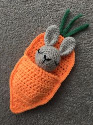 rabbit in a carrot sleeping bag crochet, crochet bunny easter, seeping bunny crochet