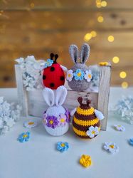 crochet flower bunny/ bee /lady bug, easter eggs crochet, easter decorations