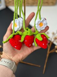 crochet strawberry plant, car mirror hanging accessories, succulent car plant decor