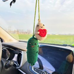 crochet pickle/cucumber/carrot, car rearview mirror hanging accessory, crochet car decor