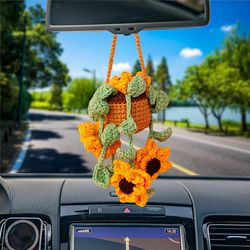 crochet sunflower basket hanging, car mirror hanging decor, rearview accessories