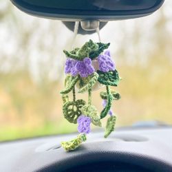 crochet monstera car plant hanger with purple flowers, plant hanging car decoration