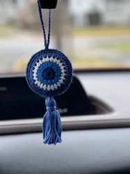 evil eye crochet car hanger, crochet evil eye car charm, wall hanging