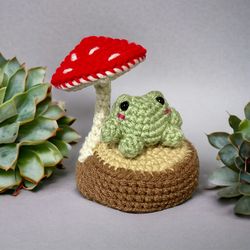 crochet cute little frog on a log, crochet animals, cute desk accessories