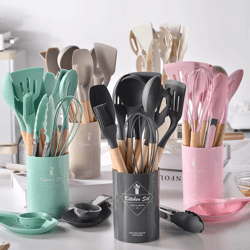 12pcs silicone cooking utensils set wooden handle kitchen cooking tool non-stick cookware spatula shovel egg kitchenware