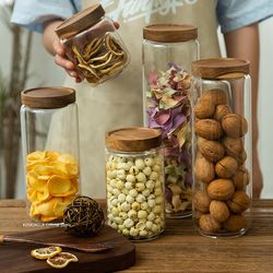 wood lid glass airtight canister kitchen storage bottles jars food container grains tea coffee beans grains candy jar