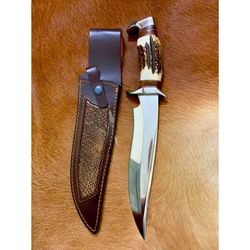 stag antler bowie knife handmade bowie stag scales knife full tang hunting knife stag crown d2 tool steel mirror polish