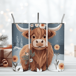 baby highland cow floral 20oz tumbler wrap, digital download png, sublimination design