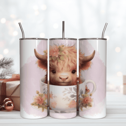 baby highland cow in flower cup 20oz skinny tumbler png