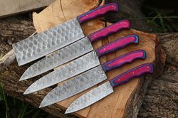 handmade damascus steel kitchen knife set of 5 pcs multi color dollar handle chef knife with leather roll kit