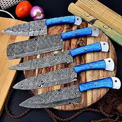 magnificent custom made damascus blade kitchen/chef knife set 5 pieces, unique high grade hand forged kitchen knives set