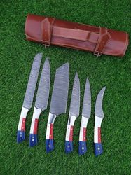 handmade damascus steel " 6 " pcs chef set, kitchen knives,kitchen knife with beautiful taxes flag handle and leather ba