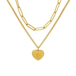 gold double layers zircon heart necklace paperclip chain heart necklace