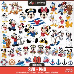 sailor mouse and friends svg, 40 designs easy to use, cartoon characters, layered svg by colors, transparent png