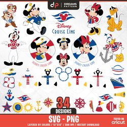 cruise line mouse svg bundle, 34 designs easy to use, cartoon characters, layered svg by colors, transparent png