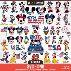 4th of july usa mouse and friends svg, 42 designs easy to use, cartoon characters, layered svg, transparent png