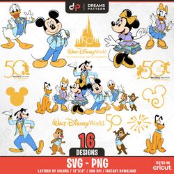 50th anniversary, mouse svg, 16 designs easy to use, cartoon characters, layered svg by colors, transparent png