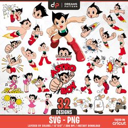 astro boy svg, 32 designs easy to use, cartoon characters clipart, layered svg by colors, transparent png