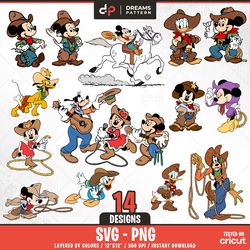 cowboy mouse and friends svg, 14 designs easy to use, cartoon characters, layered svg by colors, transparent png