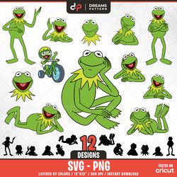 kermit the frog svg, 12 designs easy to use, cartoon characters clipart, layered svg by colors, transparent png