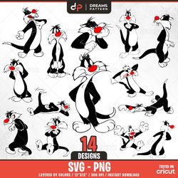 sylvester cat svg, 14 designs easy to use, cartoon characters clipart, layered svg by colors, transparent png