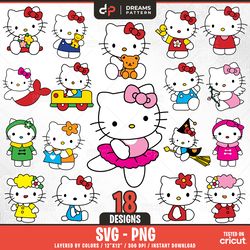 kitty svg, cute cat, 18 designs easy to use, cartoon characters cliparts, layered svg by colors, transparent png