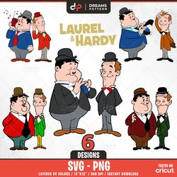 laurel and hardy svg, 6 designs easy to use, cartoon characters, layered svg by colors, transparent png, easy cut files