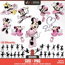 minnie mouse ballerina svg, 8 designs and 24 silhouette, cartoon characters, layered svg by colors, transparent png