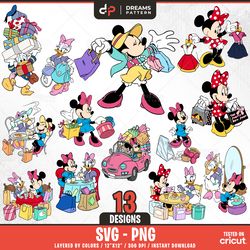 minnie mouse shopping svg, 13 designs easy to use, cartoon characters, layered svg by colors, transparent png