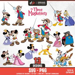 the three musketeers svg, 13 designs easy to use, cartoon characters, layered svg by colors, transparent png