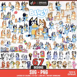 blue dog and friends svg, 67 designs easy to use, cartoon characters cliparts, layered svg by colors, transparent png