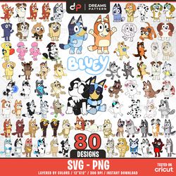 blue dog and bingo all friends svg, 80 designs easy to use, cartoon characters, layered svg by colors, transparent png,