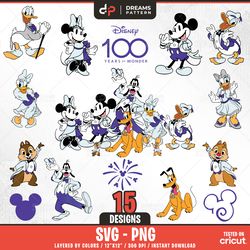 100 years of wonder mouse svg, 15 designs easy to use, cartoon characters, layered svg by colors, transparent png, easy