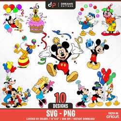 birthday mouse and friends svg 10 designs easy to use, cartoon characters, layered svg by colors, transparent png