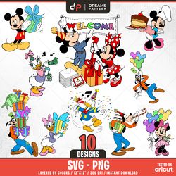 birthday mouse and friends svg 10 designs easy to use, cartoon characters, layered svg by colors, transparent png,