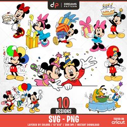 birthday mouse and friends svg 10 designs easy to use, cartoon characters, layered svg by colors, transparent png, easy