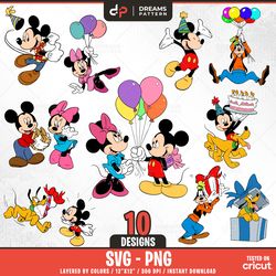 birthday mouse and friends svg 10 designs easy to use, cartoon characters, layered svg by colors, transparent png files