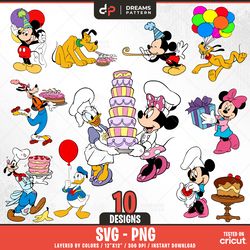 birthday mouse and friends svg 10 designs easy to use, cartoon characters, layered svg by colors