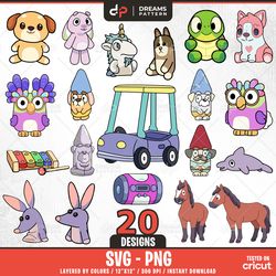 blue dog and bingoo toys svg, 20 designs easy to use, cartoon characters, layered svg by colors, transparent png,