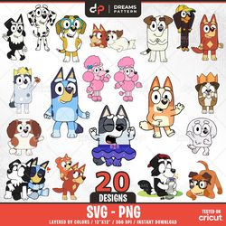 blue dog and bingo friends svg, 20 designs easy to use, cartoon characters, layered svg by colors, transparent png
