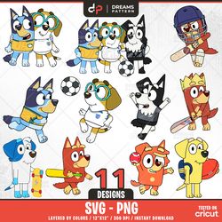blue dog and friends sports svg, 11 designs easy to use, cartoon characters, layered svg by colors, transparent png