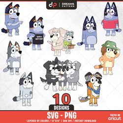 blue dog and friends others svg, 10 designs easy to use, cartoon characters, layered svg by colors, transparent png