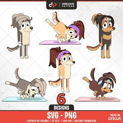 blue dog pilates sport svg, 6 designs easy to use, cartoon characters clipart, layered svg by colors, transparent png,