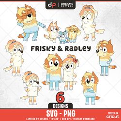 blue dog frisky and radley svg, 6 designs easy to use, cartoon characters, layered svg by colors, transparent png