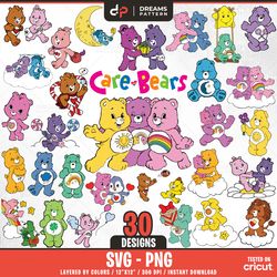 care bears svg, cute bears, 30 designs easy to use, cartoon characters, layered svg by colors, transparent png