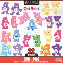 care bears svg, cute bears, 22 designs easy to use, cartoon characters, layered svg by colors, transparent png