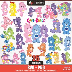 care bears svg, cute bears, 25 designs easy to use, cartoon characters, layered svg by colors, transparent png