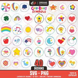 care bears symbols svg, 40 designs easy to use, cartoon characters, layered svg by colors, transparent png,