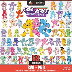 care bears svg, cute bears, 58 designs easy to use, cartoon characters, layered svg by colors, transparent png